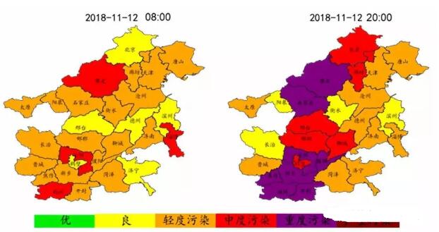 圖1 “2+26”城市11月12日典型時段PM2.5濃度分布圖